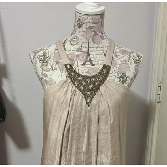 Elegant Champagne Beaded Halter Dress – Size L - Picture 2 of 3